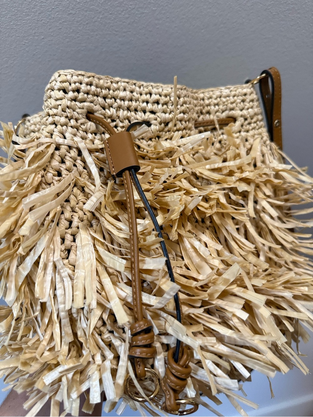 Ulla Johnson Natural Raffia Fringe Crossbody with Tan Leather Trim
